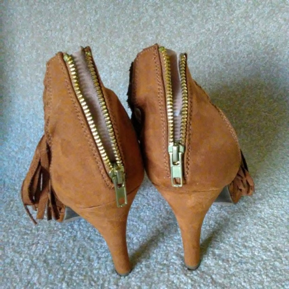 Lane Bryant Cognac Suede Fringe  Ankle Heels - Picture 4 of 9